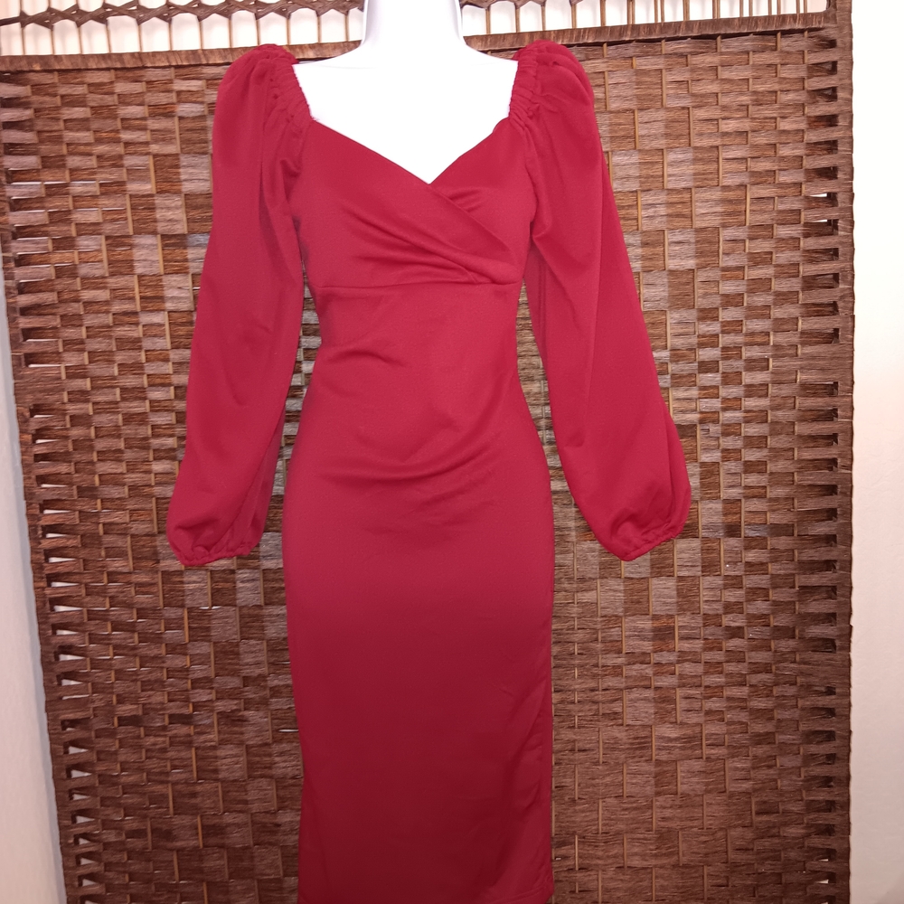 Red Long Puff Sleeve Midi Dress